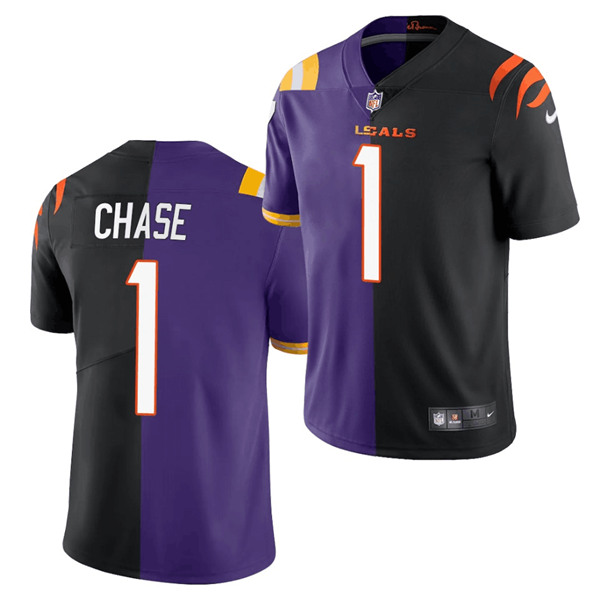 Men's Cincinnati Bengals #1 Ja'Marr Chase 2021 Black/Purple NFL Split Stitched Jersey Men's Cincinnati Bengals #1 Ja'Marr Chase 2021 Black/Purple NFL Split Stitched Jersey
